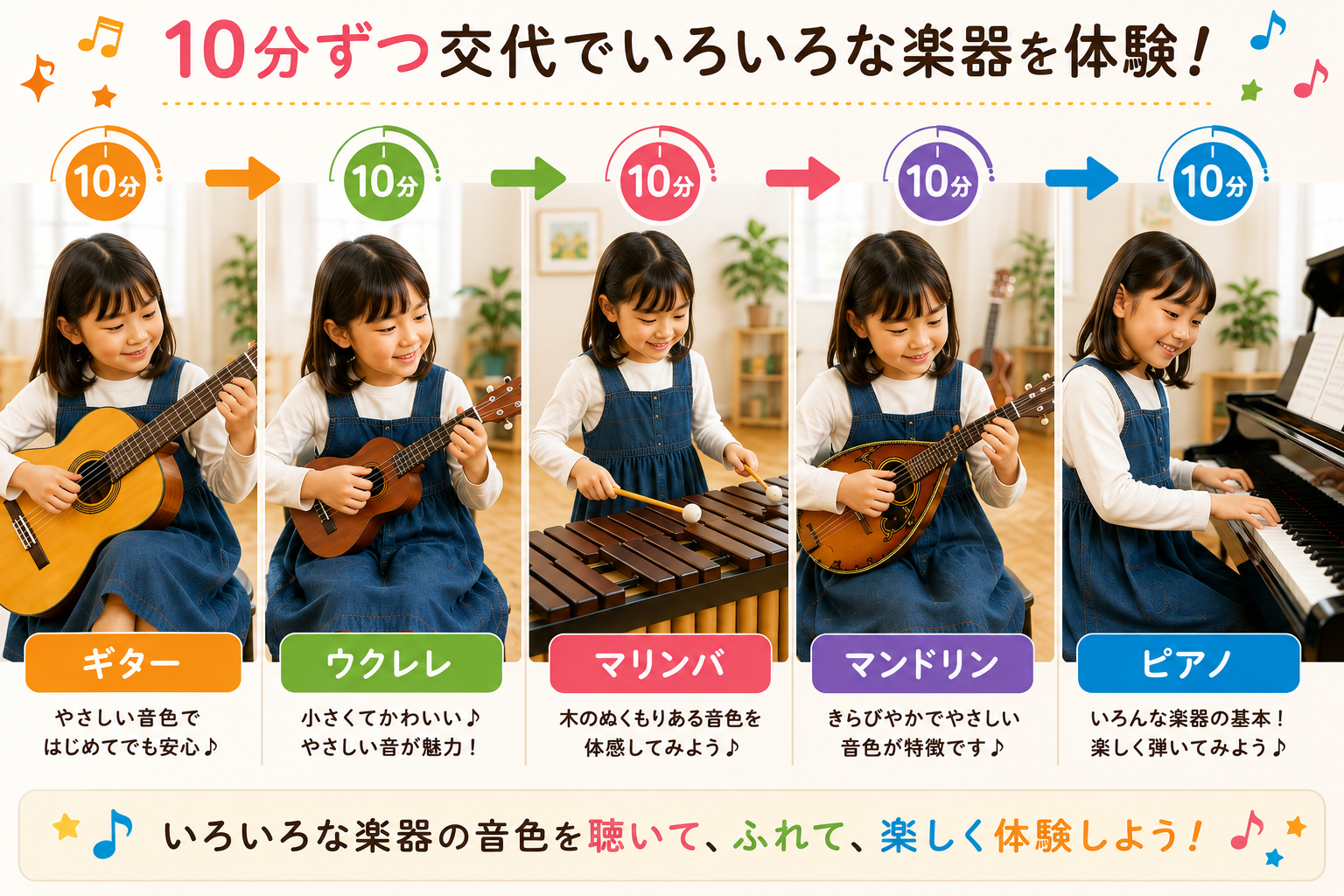 10分ずつ交代でギター、ウクレレ、マリンバ、マンドリン、ピアノを体験する様子